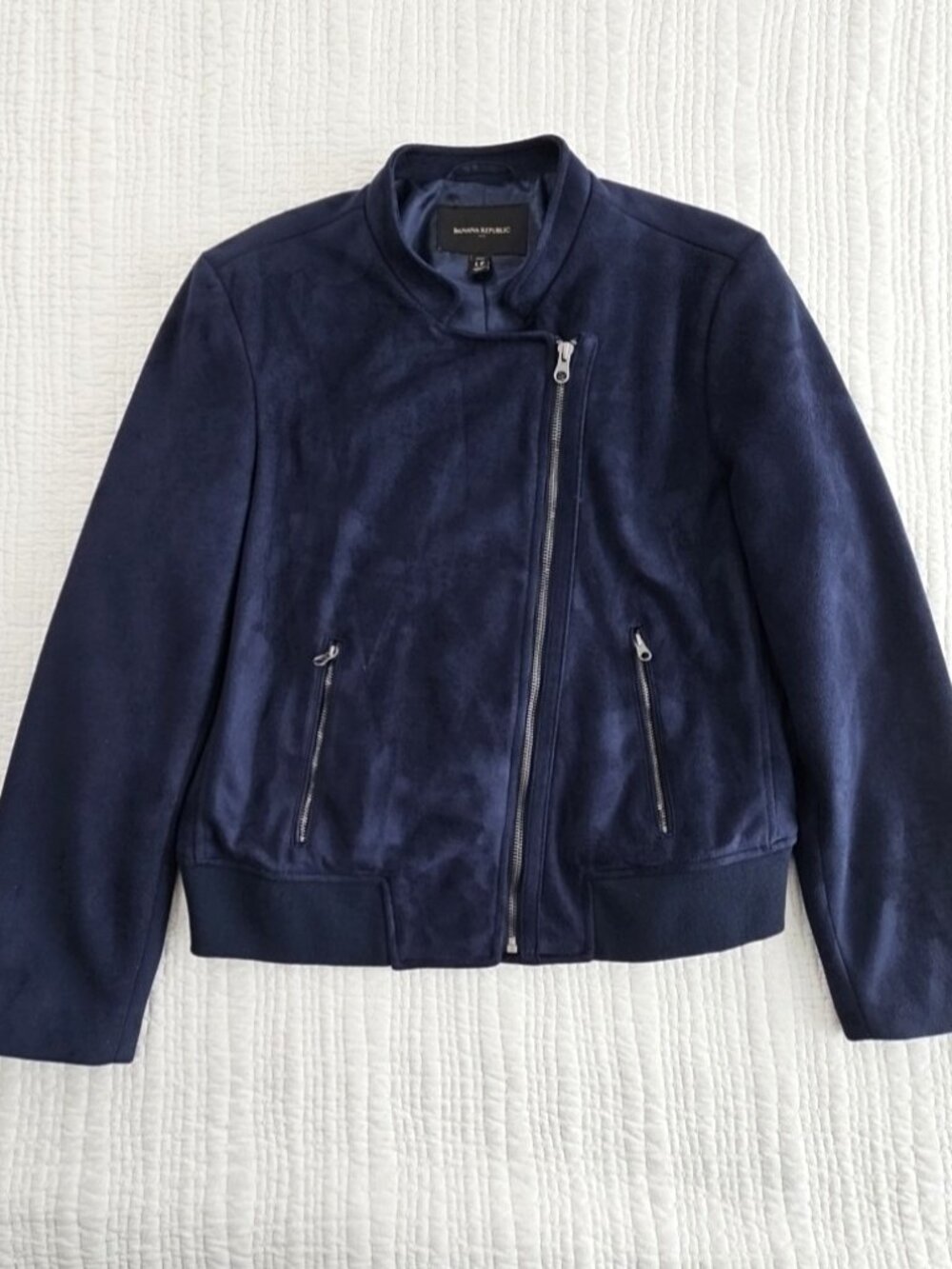 Banana Republic Vegan Suede Jacket Women's L Petite Navy‎ Blue Full Zip Rib Trim